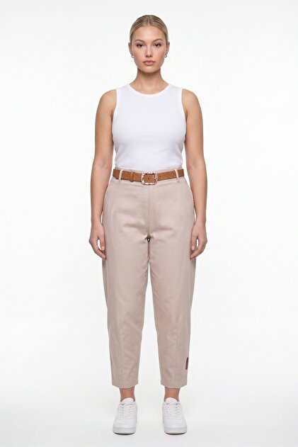 Women's Beige Summer Belted Balloon Model Denim Trousers
