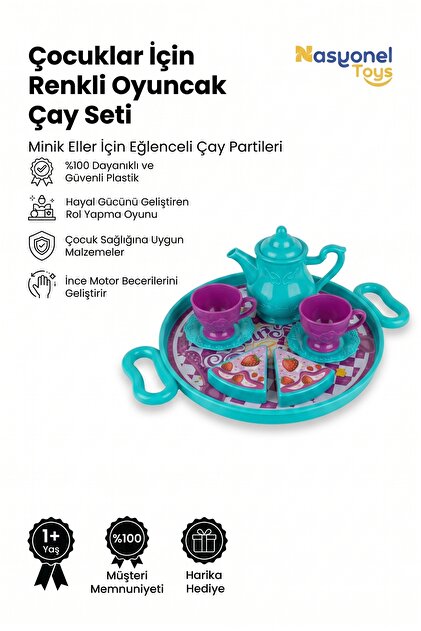 NASYONEL TOYS Çocuklar İçin Renkli Oyuncak Çay Seti - Tepsi ve