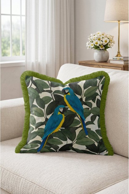 Blue Parrot and Tropical Leaf Pattern Fringed Throw Pillow Cover - Khaki Tassel Botanical Cover