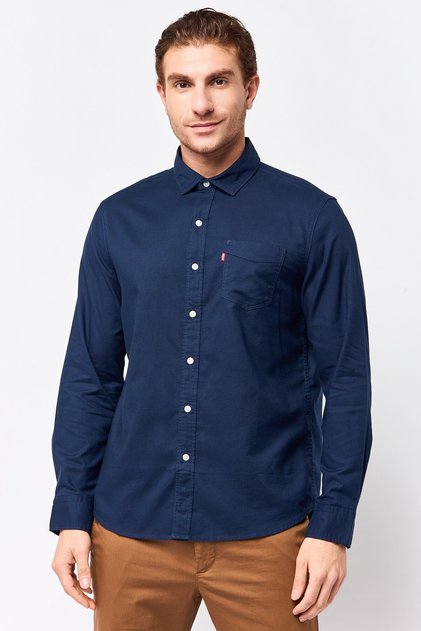 Men Slim Fit Brand Logo Long Sleeve Casual Shirt, Navy