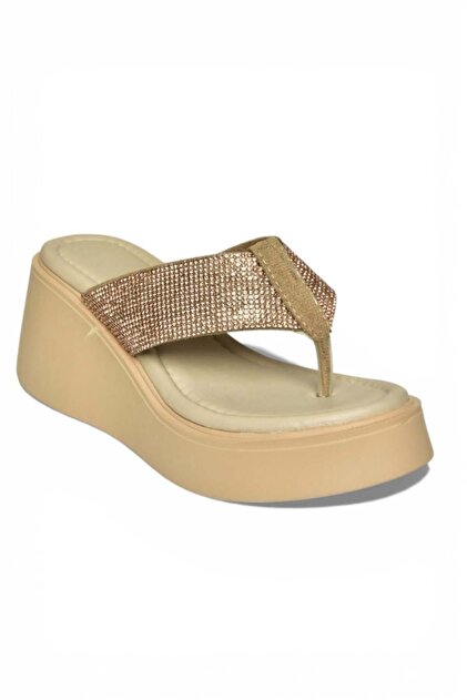 Fox Shoes Y973525409 Bej Taş Detaylı Parmak Arası Kalın Tabanlı