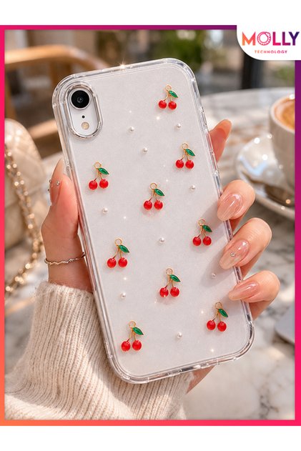 Cherry Pearl Luxe Transparent Sparkling Cherry Pattern Premium Case for iPhone Xr