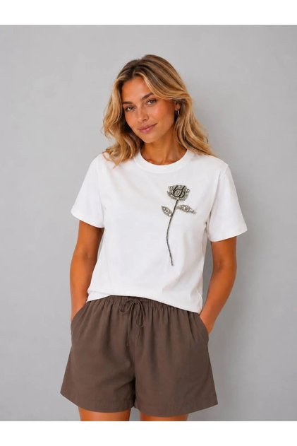 Women's Crew Neck Stone Appliqué Embroidered Basic Combed Cotton Blouse 26060