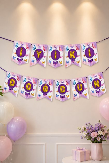 Butterfly Themed Happy Birthday Banner Birthday Party Decoration – Purple Pink Pennant Banner Sign