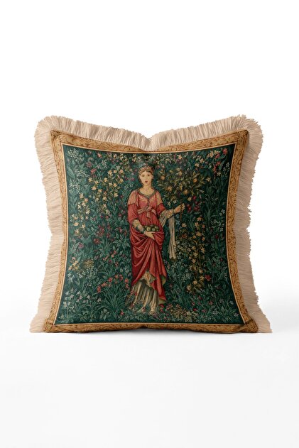 Goblen Garden Women's Figure Fringed Throw Pillow Cover - Cream Tasseled Vintage Pillowcase