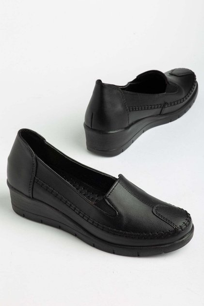 Large Size Genuine Leather Orthopedic Casual Shoes Black Wedge Heel Side Straps