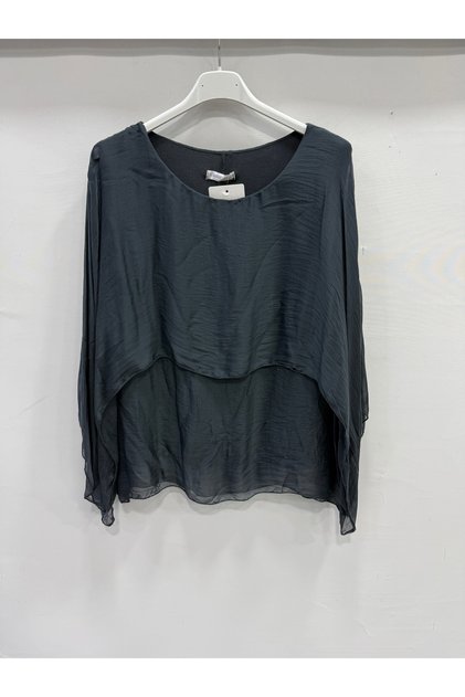 Anthracite Italian Poncho Sleeve Lined Short Silk Blouse Size 38 - 42