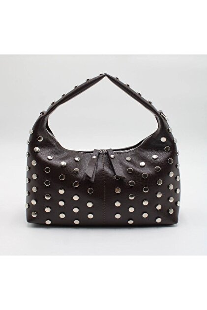 Leather Studded Detailed Zipper Closure Hand, Arm and Shoulder Bag