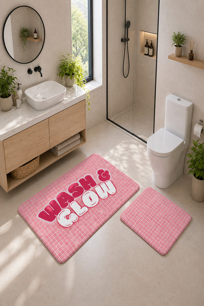 Dijital Kaymaz Yıkanabilir İkili Banyo Paspası Banyo Halısı 40x60 + 60X100cm