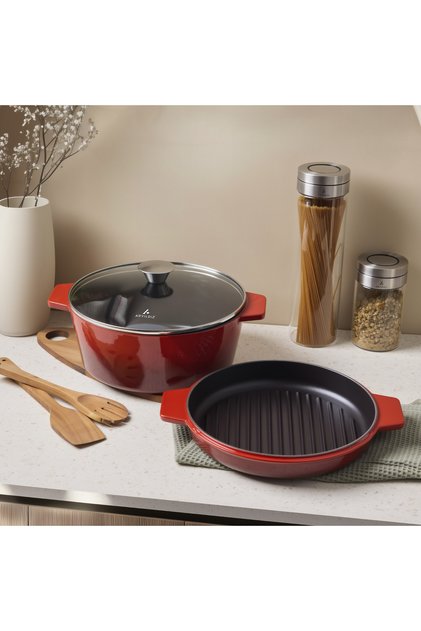 Duo Cast Iron Pot/Double Handle Pan Red 28cm