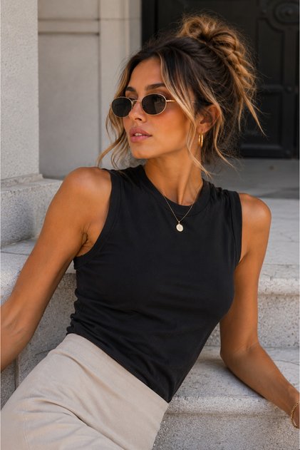 Women's Black Cotton Crew Neck Zero Sleeve Blouse - Body-Hugging Sleeveless Basic Undershirt