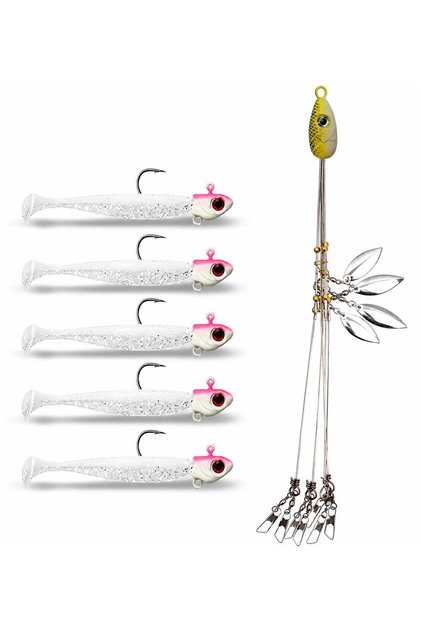 Alabama Rig Seti 1 Şemsiye 5 Jig Kafa 5 Silikon Yem Hazır Turna Levrek Avı Spinner Rig Takımı