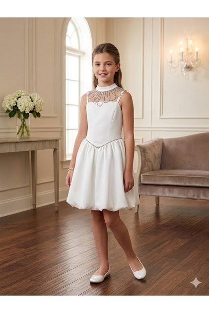 Girl's Crepe Fabric Short Evening Dress with Balloon Skirt