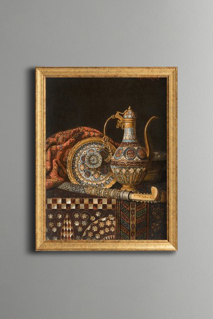 Ottoman Motif Antique Jug and Engraved Decorative Object - Vintage Patterned Frame - Fine Model