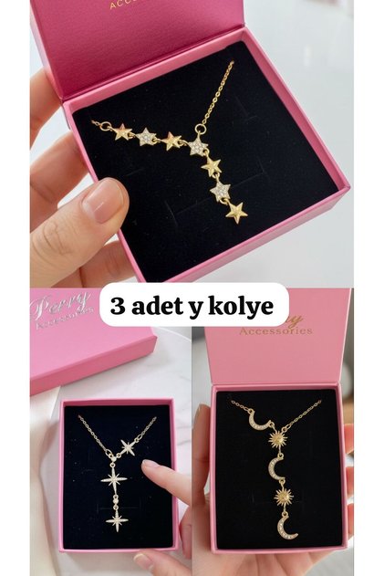3Pcs Tarnish Resistant Stainless Steel Gold Y Necklace Set Star Y Necklace Moon Sun Necklace Y Necklace