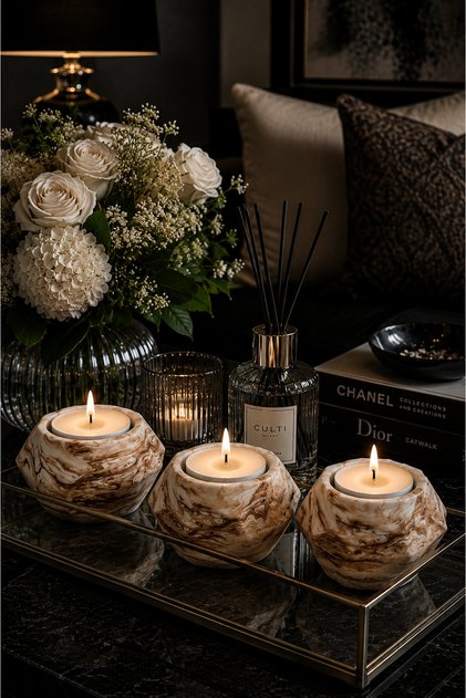 3’lü El Yapımı Beton Mumluk & Şamdan Seti (Tealight Mumlar Dahil) | Hediyelik Dekorasyon Seti