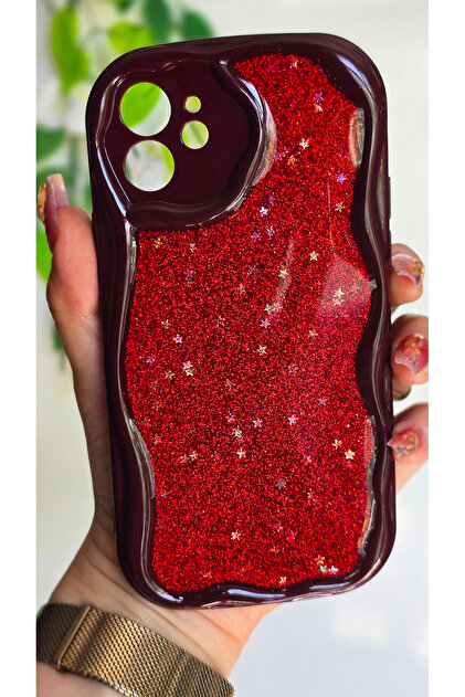 iPhone 12 Compatible Red Glittery Star Detailed Wavy Burgundy Silicone Case