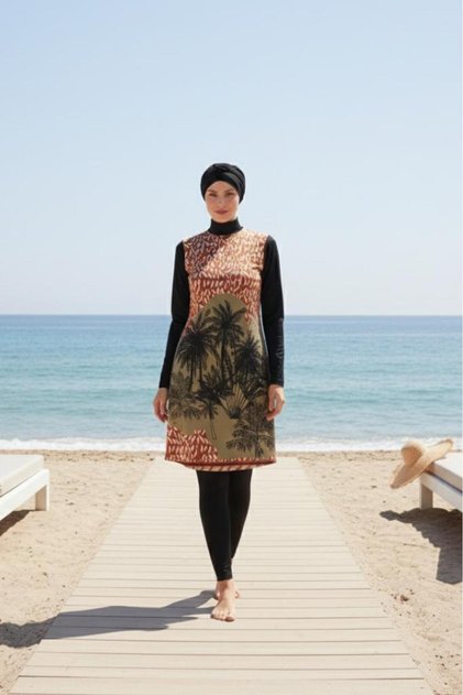 Fully Covered Hijab Swimsuit with Ethnic Pattern, Set of 4, with Bonnet and Bustier