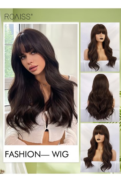 Long Wavy Brown Wig with Bangs Natural Soft Synthetic Heat Resistant Hair for Women Wedding Cosplay Party Daily Wear (26inch,Dark Brown)