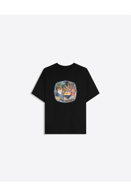 Uzun Kulak Ailesi Baskılı Bisiklet Yaka Oversize Trend Kadın T-shirt