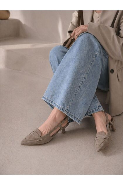 163K. Women's Beige Slingback Heeled Shoes | Pointed Toe Comfortable Office Shoes