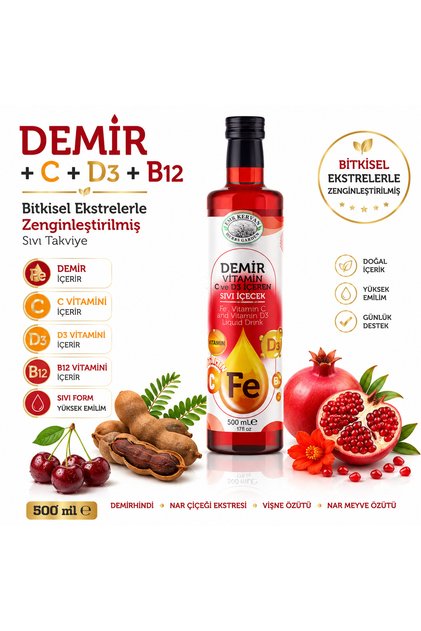 Demir Vitamini Sıvı Takviye 500 ml | Demir, C Vitamini, D3 Vitamini, B12 Vitamini İçeren Sıvı İçecek | 25 Servis