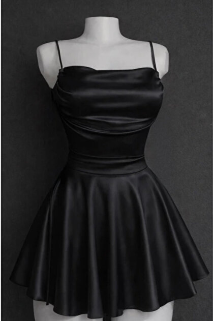Black Satin Draped Detailed Rope Strap Dress