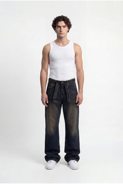 Men's Oversize Baggy Washed Jean Trousers Brown-Blue
