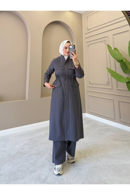 طقم نسائي من قطعتين من الكريب المزدوج، تونيك طويل بأزرار وبنطلون واسع الساق n-05526 _ رمادي