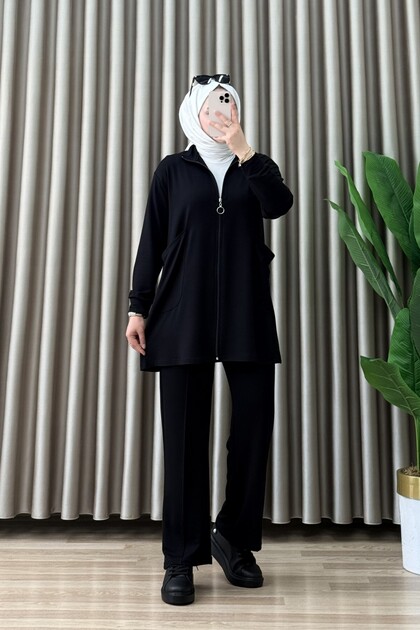 Bade Takim Crystal Fabric Black Women's Zippered Top and Pants Two-Piece Set