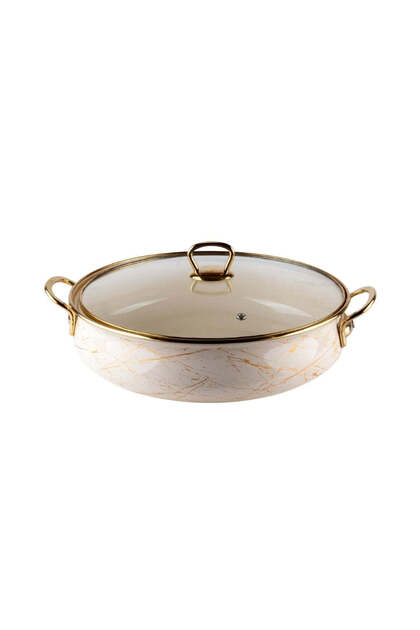 Cratita joasa emailata, 24x8cm, 3.2 litri, manere titan aurii, capac sticla, inclusiv inductie, Gold