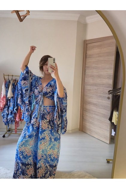 Turkuaz Kelebek Kol Bolero&Pantolon Takım