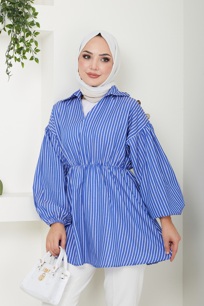 Women's Striped Balloon Sleeve Gathered Blue Hijab Shirt