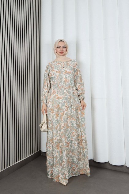 Women's Modal Fabric Shawl Patterned Hijab Half Placket Buttoned Summer Dress Green Hnt2131