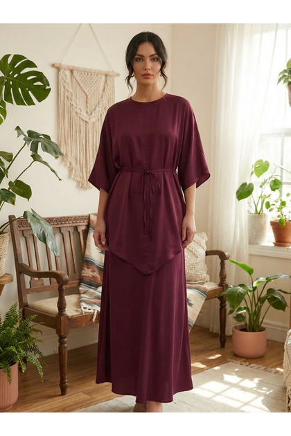 Elegant Satin Two-Piece Tunic & Skirt Set – Matching Asymmetrical Shirt and Midi Skirt