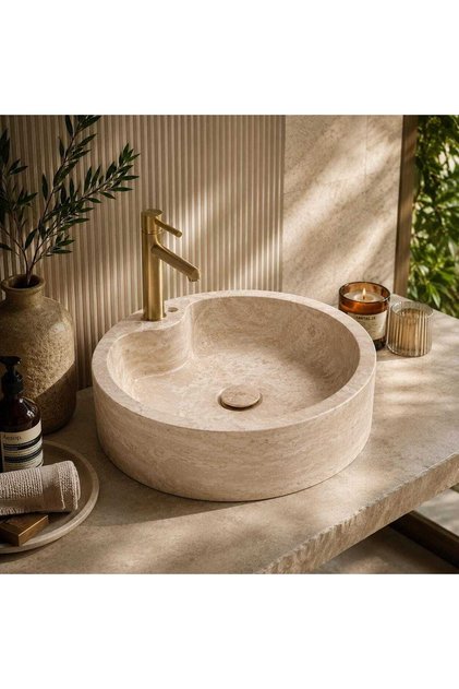 El Yapımı Traverten Lavabo 47x12 cm Musluk Çıkışlı Doğal Taş Tezgah Üstü Banyo Lavabosu