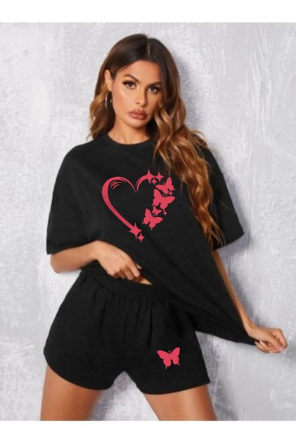 Women's Butterfly Heart Printed Oversize Shorts T-Shirt Set