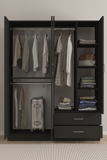 AE-1077 Terra Antrasit 4 Kapaklı 2 Çekmeceli 3 Askılıklı Raflı 140x182x53 cm Gardırop
