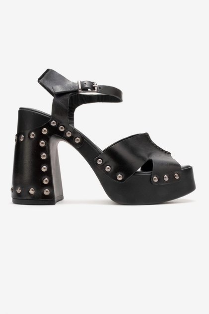 Women's Thick Platform Heeled Clogs Sandals Real Leather Zy 4132 Black