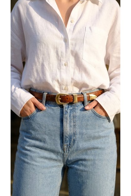 Satin Gold Buckle Thin Crocodile Pattern Leather Women's Belt, Curved Body and Stylish Elegant Design, Belt for Pants, Jeans, Dress, Jacket and Shirt.