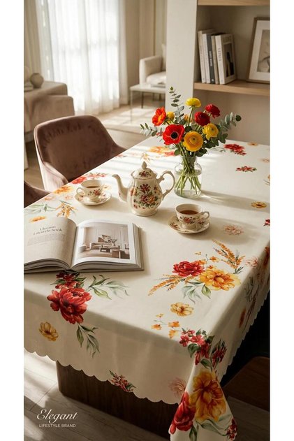 Premium Suede Tablecloth Panel Pattern Peony Floral Digital Printed Balcony Garden Picnic and Dining Table Cover | Supersonic Laser Cutting