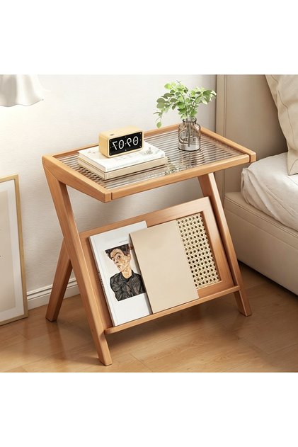 FFD Z-Shaped End Table with Corrugated Glass Top & Bamboo Storage Shelf – Space-Saving Nightstand / Accent Table for Living Room, Bedroom, Office, Small Spaces