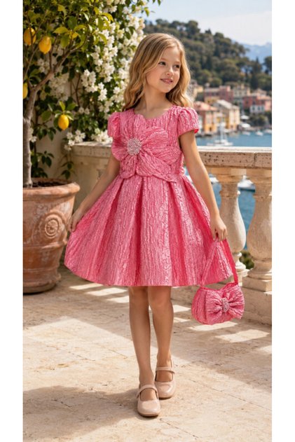 Girl's Evening Dress Big Flower Applique Seersucker Jacquard Dress and Bag Set - Birthday, Party, Wedding, Graduation (3, 4, 5, 6, 7 Years) 35443Pr