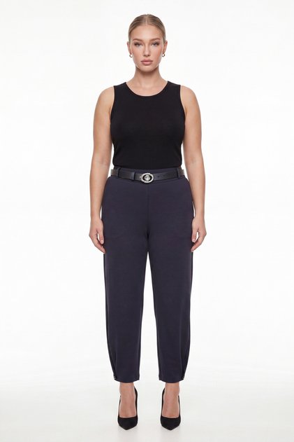 Women's Navy Blue Summer High-Waisted Pants with Belt and Leg Accessories