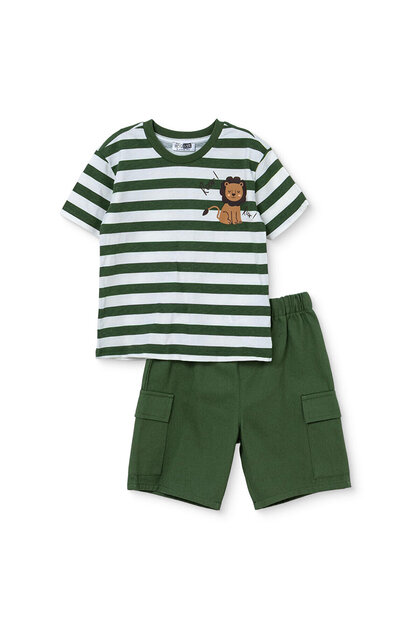 HelloBaby Erkek Bebek Tişört-Şort Aslan Baskılı Bağcıklı Bisiklet Yaka Short Sleeve Reçme