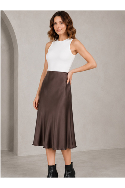 Midi Length Elastic Waist Satin Skirt