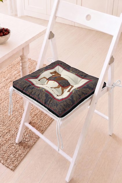 At Figürü ve Desenli Pofidik Sandalye Minderi - Vintage ve Retro Dekoratif Minder