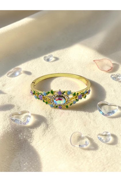 Colorful Flower Garden Themed Rainbow Large Zircon Stone Steel Handcuff Bracelet - Does Not Tarnish