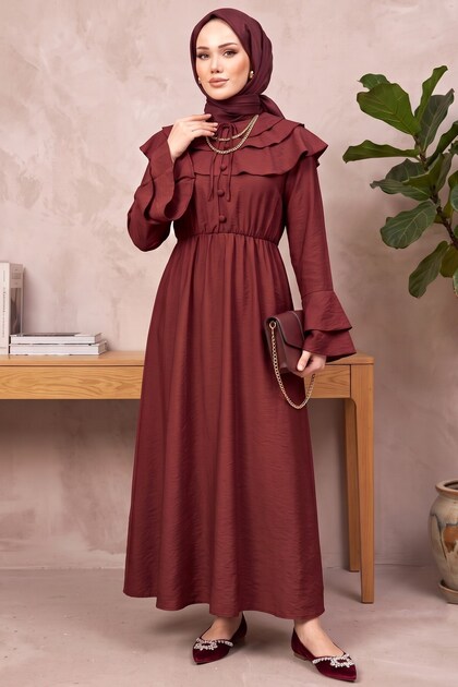 Button-Front Flounce Hijab Dress - Long Casual Dress with Ruffle Detail