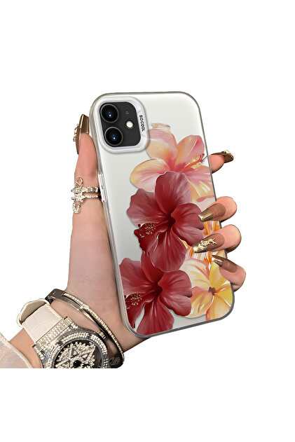 iPhone 12 Compatible Silicone Edge Hard Back Case Couple Phone Case with Floral Pattern